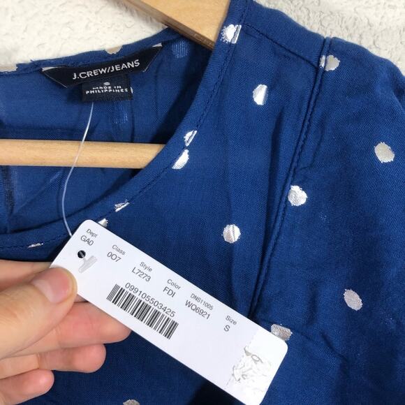 NWT J. Crew Ruffle Flutter Sleeve Metallic Polka Dot Top - foil Indigo Silver - Picture 5 of 10